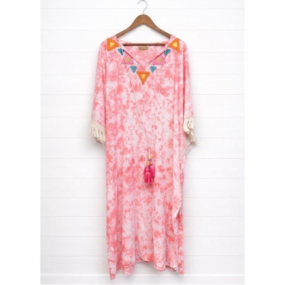 Skemo Tie Dye‎ Kaftan Dress Pink Boho Embroidered Tassel Fringe Cover Up